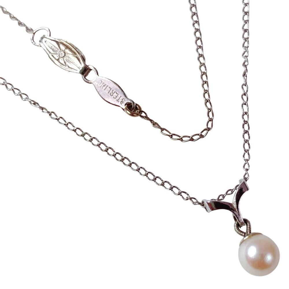 Vintage Signed Marvel Sterling Silver Pearl Pendant Necklace Mid Century 40s–50s